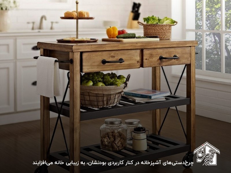 چرخ دستی آشپزخانه دو طبقه چوبی با دو کشو