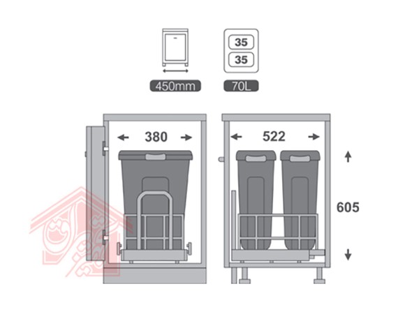 ابعادسطل آشغال کابینتی ریل از کف ملونی