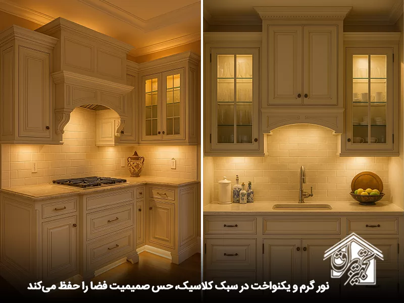 نور گرم و یکنواخت در کابینت کلاسیک