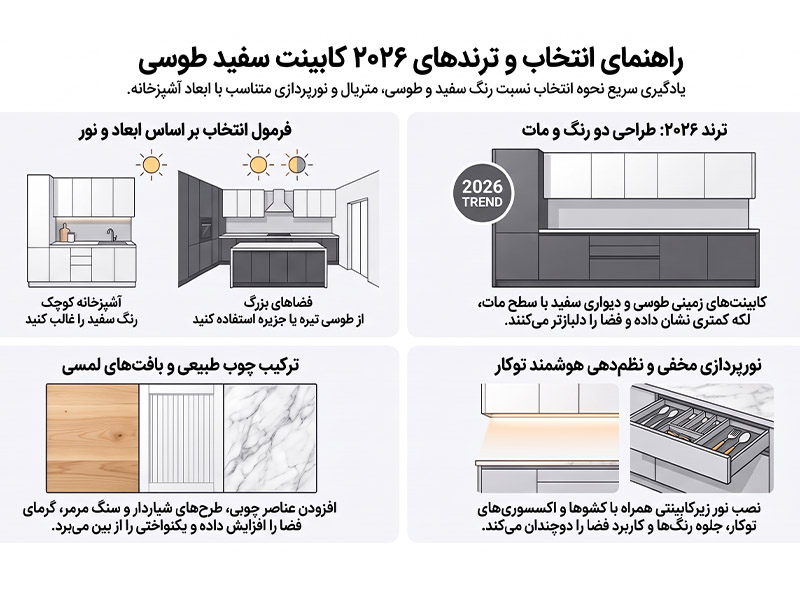 جدیدترین ترندهای کابینت سفید طوسی 2026؛ 30 مدل مات و براق