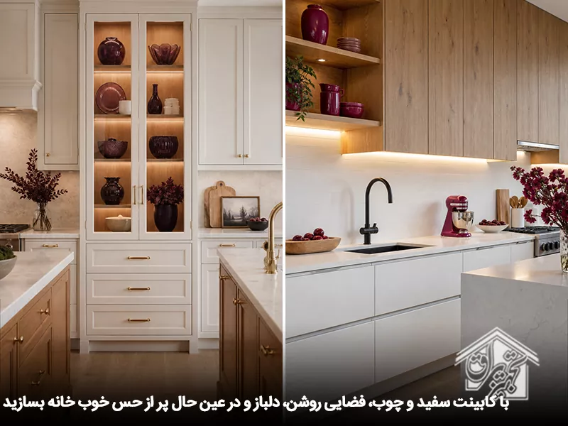فضایی دلباز و روشن با کابینت سفید و چوب