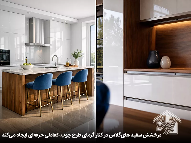 کابینت های گلاس سفید و طرح چوب