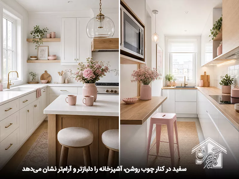 کابینت سفید و رنگ چوب روشن