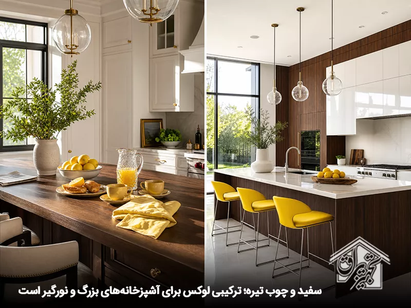 کابینت سفید و رنگ چوب تیره