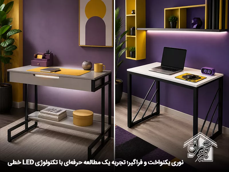 نور یکنواخت ال ای دی خطی روی میز چوبی ساده