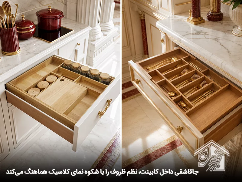 نظم دهی کشو ها در کابینت رومی آشپزخانه